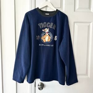 Disney Store Vintage Y2K Blue Fleece Tigger Always A Cool Cat Sweatshirt Large
